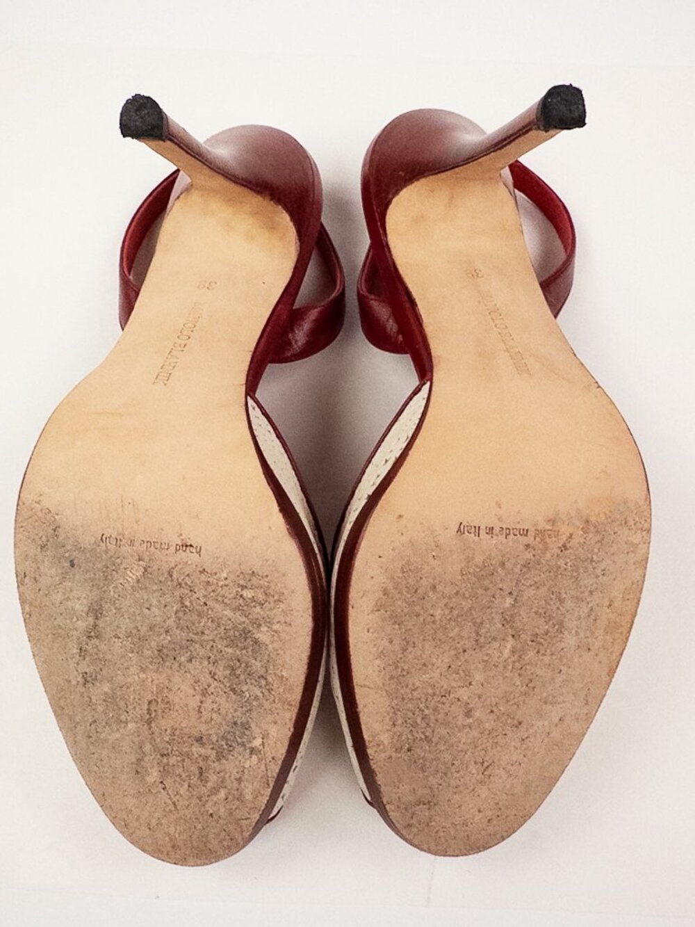 Manolo Blahnik Red Leather Ivory Slingback Peep Toe Heels Sz 39 - Picture 10 of 10
